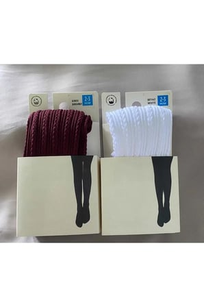 2'Li Kız Çocuk Desenli Külotlu Çorap Knit Ted Model 80 Den Mevsimlik Pantyhose ( BORDO & BEYAZ )