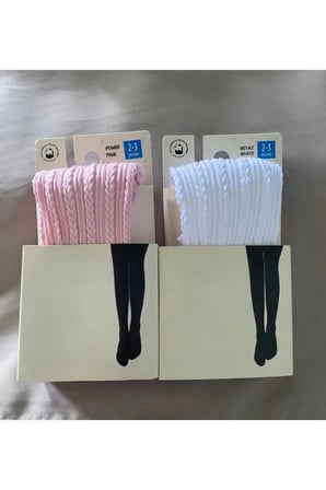2'Li Kız Çocuk Desenli Külotlu Çorap Knit Ted Model 80 Den Mevsimlik Pantyhose ( PEMBE & BEYAZ )