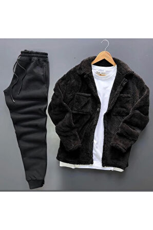 Unisex Siyah Peluş Polar Hırka Gömlek Siyah Eşofman Altı Takım Kombini ( Tişört Dahil Değildir)