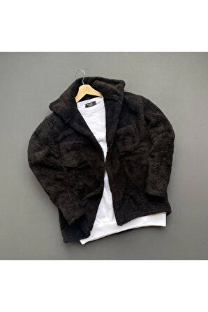 Unisex Siyah Peluş Polar Hırka Gömlek Siyah Eşofman Altı Takım Kombini ( Tişört Dahil Değildir)