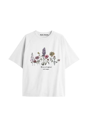 Kadın Çiçek  Özel Baskılı Renkli Oversize Penye Pamuklu Bisiklet Yaka T-Shirt