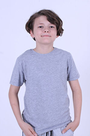 Basic Bisiklet Yaka Pamuk Düz Unisexs Çocuk T-shirt [Krem rengi]