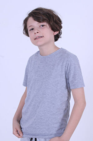 Basic Bisiklet Yaka Pamuk Düz Unisexs Çocuk T-shirt [Krem rengi]