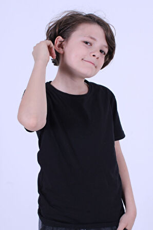 Basic Bisiklet Yaka Pamuk Düz Unisexs Çocuk T-shirt [Krem rengi]