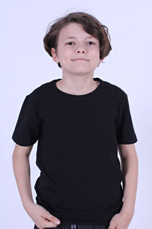 Basic Bisiklet Yaka Pamuk Düz Unisexs Çocuk T-shirt [Krem rengi]