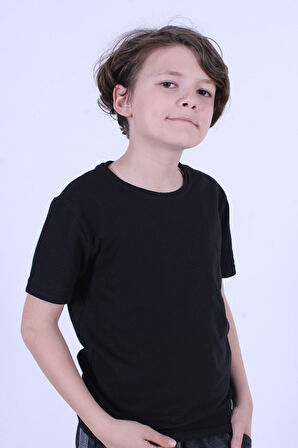 Basic Bisiklet Yaka Pamuk Düz Unisexs Çocuk T-shirt [Krem rengi]