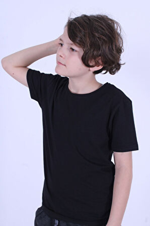 Basic Bisiklet Yaka Pamuk Düz Unisexs Çocuk T-shirt [Krem rengi]