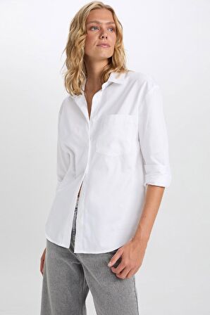 DeFacto Oversize Geniş Kalıp Cepli Basic Düz Poplin Uzun Kollu Beyaz Gömlek D3129AX24AUWT34