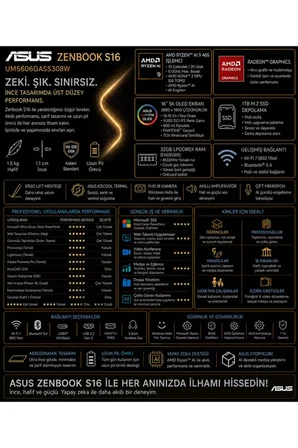 Zenbook S16 Ryzen AI 9 465 32GB RAM 4TB SSD 16" 3K (2880x1800) OLED 120Hz Win11 Home UM5606GASS308WP310 Notebook + PER4 Çanta