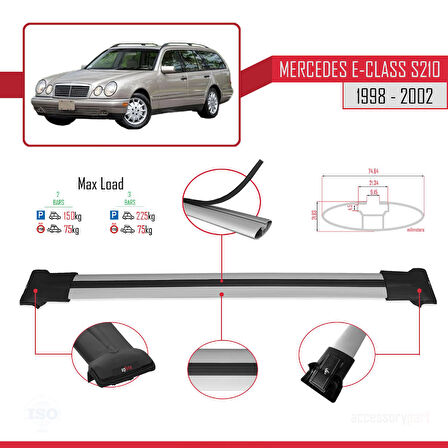 Mercedes E Class S210 Wagon 1998-2002 Arası ile Uyumlu FLY Model Ara Atkı Tavan Barı Gri 2 Adet