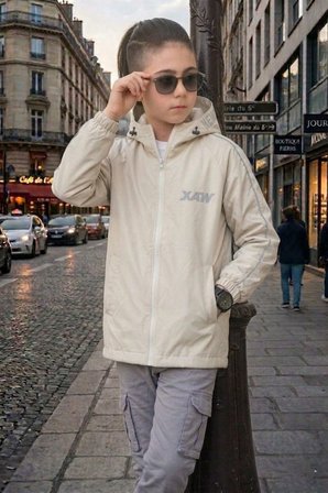 Erkek Çocuk Kapüşonlu Kolları Şeritli Baskılı Bondik Kumaş Mevsimlik Mont MM5011