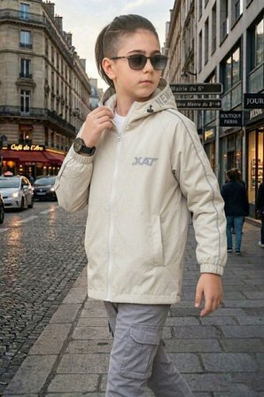 Erkek Çocuk Kapüşonlu Kolları Şeritli Baskılı Bondik Kumaş Mevsimlik Mont MM5011
