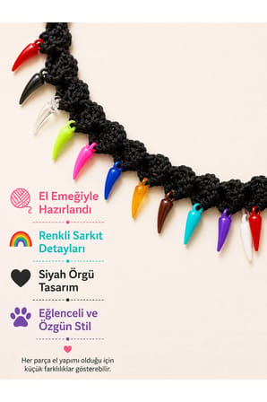 El Örgüsü Kedi Tasması Renkli Sarkıtlı Siyah El Yapımı Bağlamalı Kedi Boyun Aksesuarı