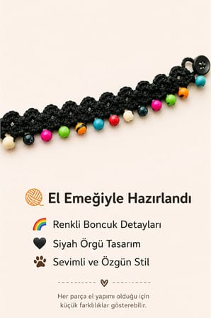El Örgüsü Kedi Tasması Renkli Boncuklu Siyah El Yapımı Ayarlanabilir Kedi Boyun Aksesuarı