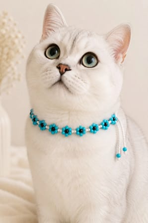 El Yapımı Boncuklu Kedi Boyun Aksesuarı Turkuaz Çiçekli Siyah Boncuk Detaylı Bağcıklı Kedi Tasması