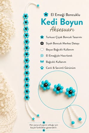 El Yapımı Boncuklu Kedi Boyun Aksesuarı Turkuaz Çiçekli Siyah Boncuk Detaylı Bağcıklı Kedi Tasması