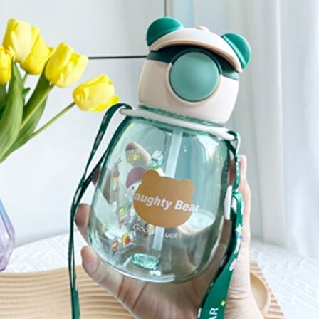 Yaramaz Ayıcık Su Matarası - 500ml BPA Free, Çocuk Matarası, İpli Taşıma Kayışlı Okul ve Gezi İçin