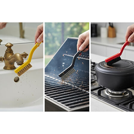 Tel Fırça Seti 3'lü  Bakır Çelik ve Sert Plastik Uçlu Kir Temizleyici