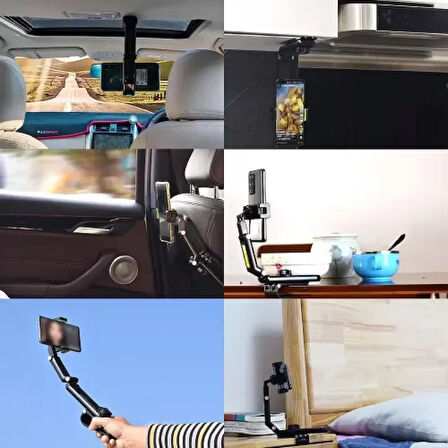Multifonksiyon Araç Telefon Tutucu 1080° Tam Hareketli 3 Yönlü Yatay/Dikey Kullanım, Güçlü Kelepçeli