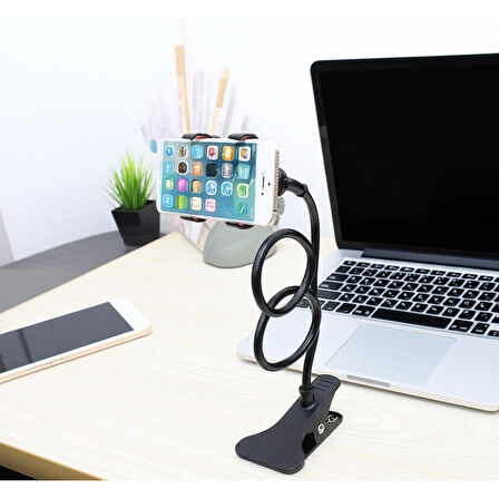Akrobat Telefon Tutucu 60cm Spiral Gövdeli, 360° Oynar Başlıklı,Araç/Ofis/Yatak Kullanımı İçin Siyah