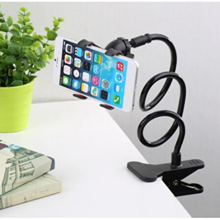 Akrobat Telefon Tutucu 60cm Spiral Gövdeli, 360° Oynar Başlıklı,Araç/Ofis/Yatak Kullanımı İçin Siyah