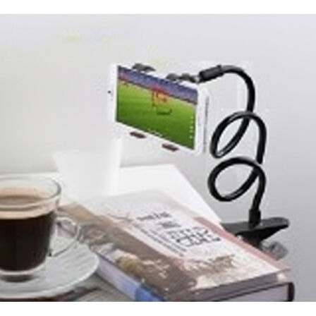 Akrobat Telefon Tutucu 60cm Spiral Gövdeli, 360° Oynar Başlıklı,Araç/Ofis/Yatak Kullanımı İçin Siyah