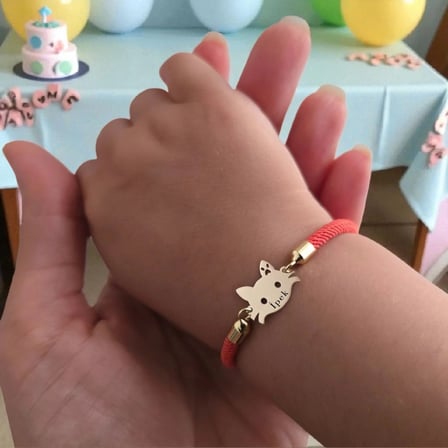 14 Ayar Altın Plakalı İpek İsmine Özel Turuncu Örgü İpli Sevimli Kedi Figürlü Hediye Bileklik-635