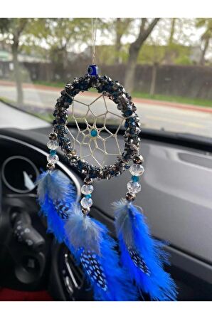 El Yapımı Düş Kapanı Dreamcatcher Mavi Ve Benekli Tüylü Araba Dikiz Aynası Süsü