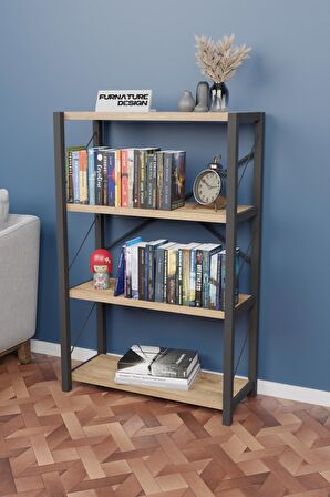 Metal Kitaplık 4 Raflı Dekoratif Kitaplık Raf Atlantik Çam