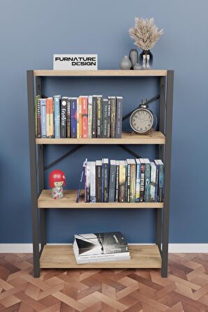 Metal Kitaplık 4 Raflı Dekoratif Kitaplık Raf Atlantik Çam