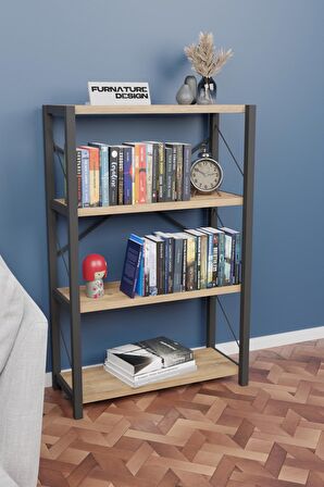 Metal Kitaplık 4 Raflı Dekoratif Kitaplık Raf Atlantik Çam