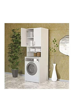 Papatya Çamaşır Makinesi Dolabı, Banyo Dolabı, 4 Raflı, Kapaklı, Beyaz Dolap