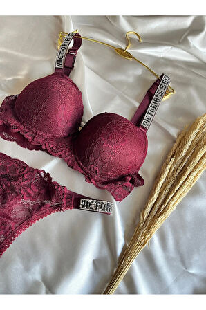 Dantelli Lastiği Taşlı Balenli Destekli Dolgulu Push Up Siyah Sütyen Ve String Iç Çamaşırı Takımı