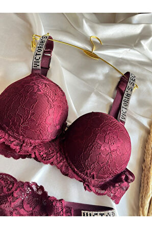 Dantelli Lastiği Taşlı Balenli Destekli Dolgulu Push Up Siyah Sütyen Ve String Iç Çamaşırı Takımı