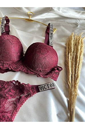 Dantelli Lastiği Taşlı Balenli Destekli Dolgulu Push Up Siyah Sütyen Ve String Iç Çamaşırı Takımı