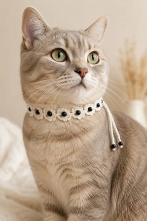 El Örgüsü Kedi Tasması Siyah Boncuklu Beyaz Kedi Boyun Aksesuarı El Yapımı Örgü Yaka