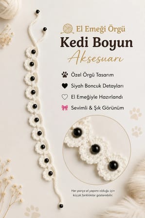 El Örgüsü Kedi Tasması Siyah Boncuklu Beyaz Kedi Boyun Aksesuarı El Yapımı Örgü Yaka