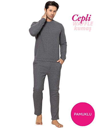 Erkek Bisiklet Yaka Düğmesiz Kışlık Waffle Pamuklu Kumaş Uzun Manşetli Kol Cepli Pijama Takımı 