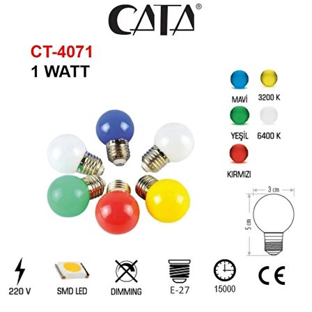 Cata CT-4071 1W 220V E27 Duylu Led Top Gece Ampulü Sarı 5 Adet