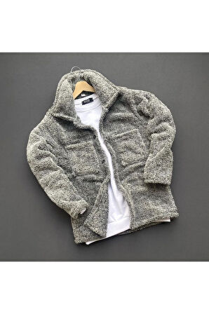 Unisex Gri Peluş Polar Hırka Gömlek Siyah Eşofman Altı ( Tişört Dahil Değildir)
