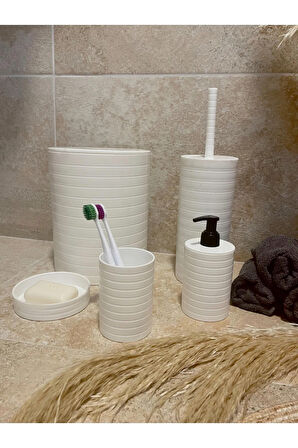 Banyo Seti 5 li Beyaz Çöp Kovası Wc Fırçalık Sıvı Sabunluk Katı Sabunluk