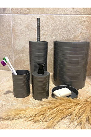 Banyo Seti 5 li Gri Çöp Kovası Wc Fırçalık Sıvı Sabunluk Katı Sabunluk