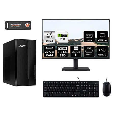 ACER ASPİRE TC1760 MDT004D367 i3 12100 20GB RAM 512GB SSD GT730 4GB 21.5" W11H MASAÜSTÜ PC