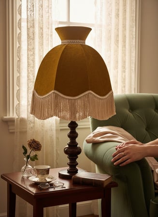 Kadife Kaplı Büyük Boy Başlıklı Ahşap Doğal Ayaklı Klasik Model Abajur - 7 Farklı Renkli 80x50cm