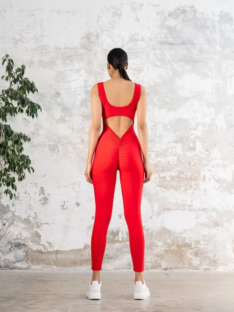 Kırmızı Arkası Büzgülü Scrunch Butt Spor Tayt Tulum