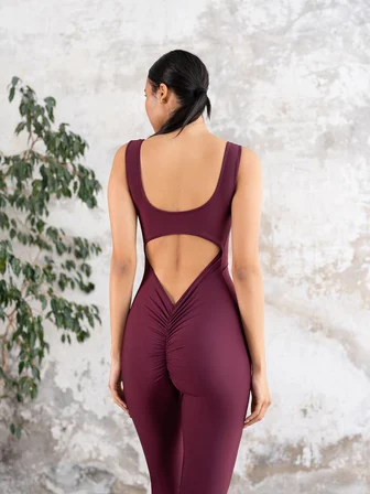 Mürdüm Rengi Arkası Büzgülü Scrunch Butt Spor Tayt Tulum