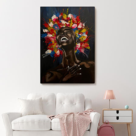 Yağlıboya Görünümlü Renkli Saçlı Gülen Siyahi Kadın Tablosu-6367