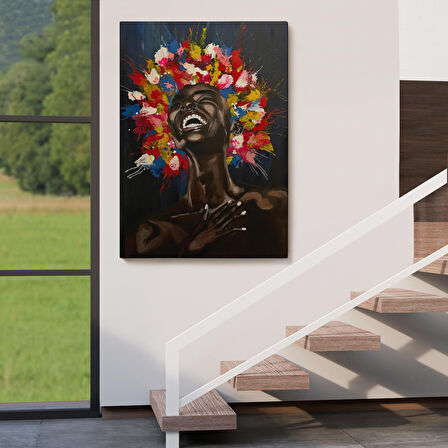 Yağlıboya Görünümlü Renkli Saçlı Gülen Siyahi Kadın Tablosu-6367