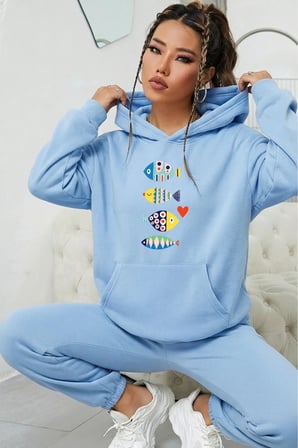 Unisex Balık Baskılı Oversize Hoodie Kapüşonlu Sweatshirt