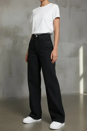 Heaven Kadın Yüksek Bel Siyah Salaş Wide Leg Jeans Geniş Paça Palazzo Kot Pantolon